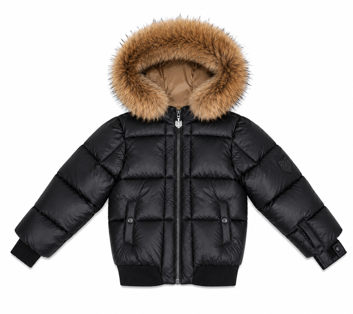 coat padded logo pocket with fur hood - black