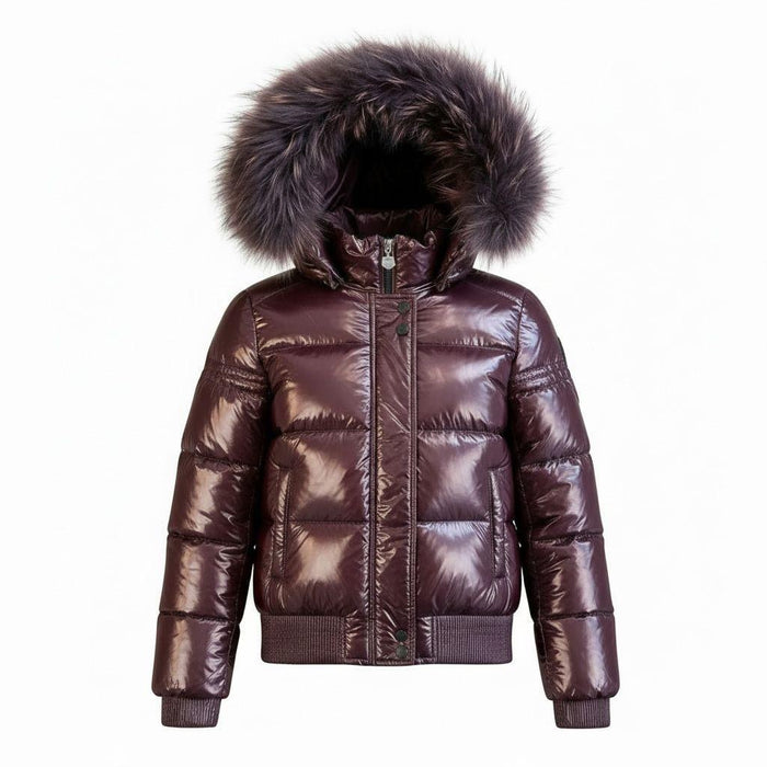 coat shiny padded with fur hood - burgundy
