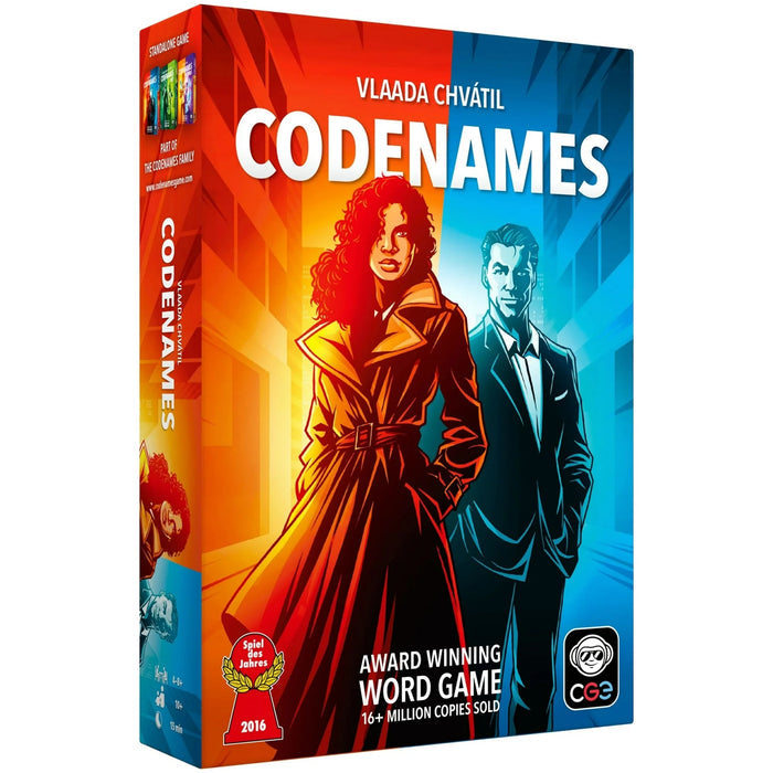 Codenames game box with two characters on a colorful background