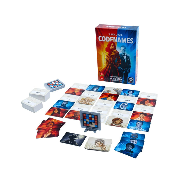 Codenames board game with cards and box on a white background