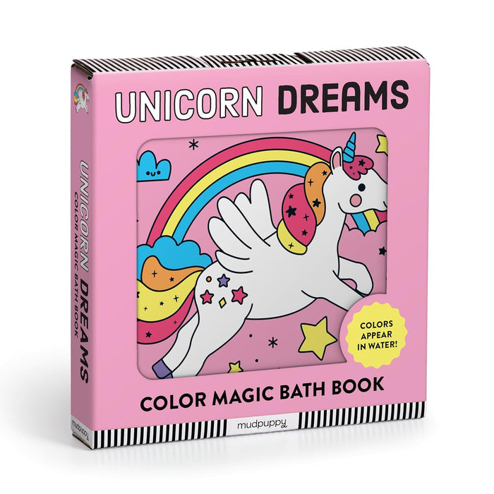 A Color Magic Bath Book with a colorful unicorn illustration on the cover, indicating interactive color-changing pages for children's bath time.