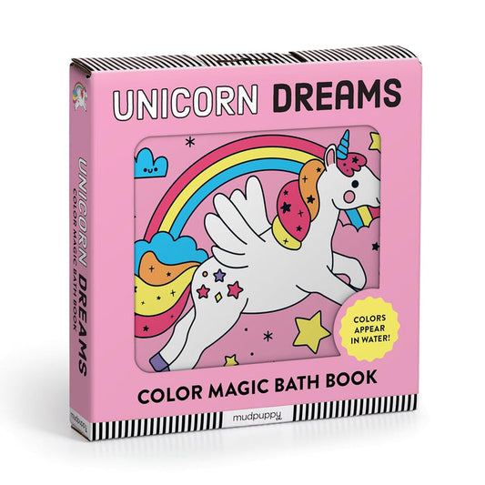 A Color Magic Bath Book with a colorful unicorn illustration on the cover, indicating interactive color-changing pages for children's bath time.