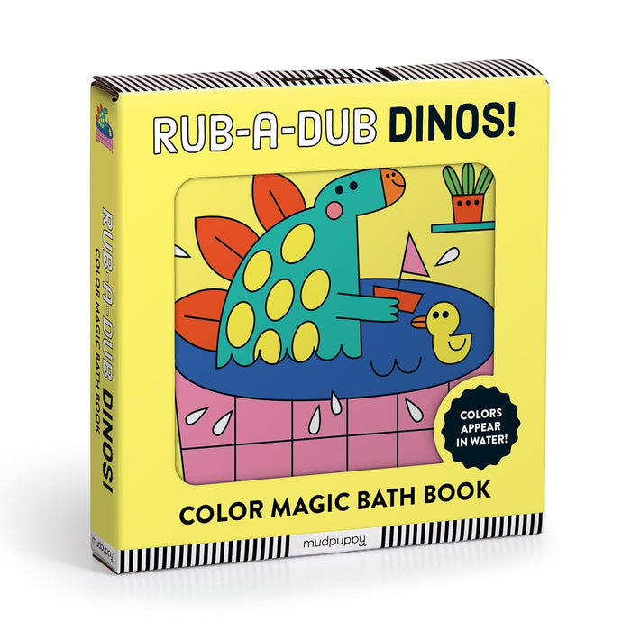 A Color Magic Bath Book with a colorful dinosaur illustration on the cover, indicating interactive color-changing pages for children's bath time.