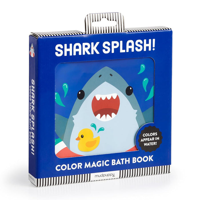 Color magic bath book packaging with shark illustration and 'Shark Splash!' text on a blue background.