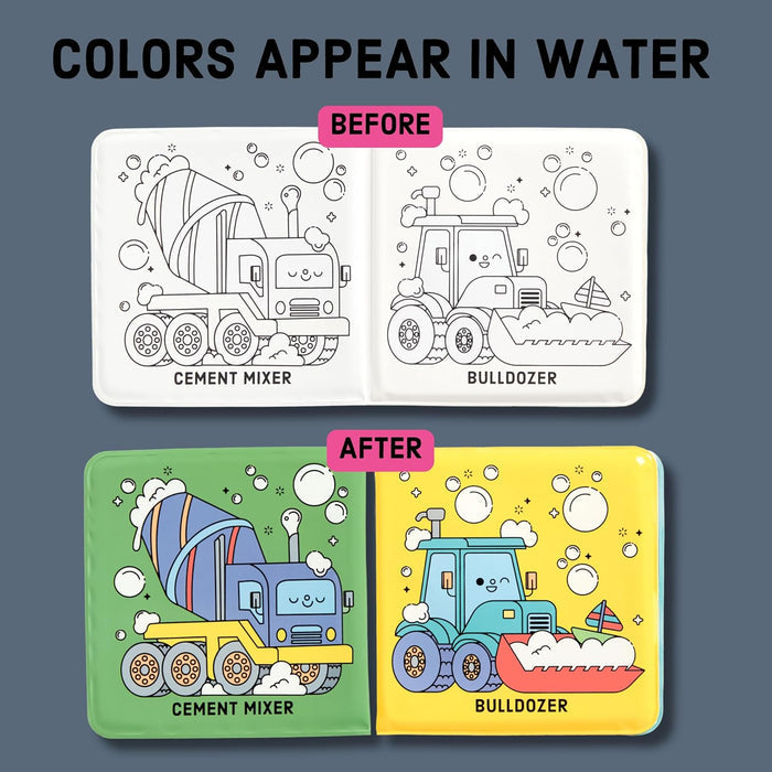 Coloring book pages with cement mixer and bulldozer illustrations, showing before and after coloring.