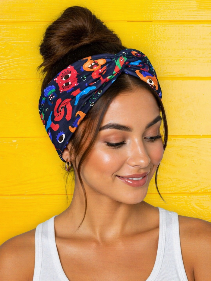 colorful monsters poly spandex knot headband on woman model side view wide band knot style