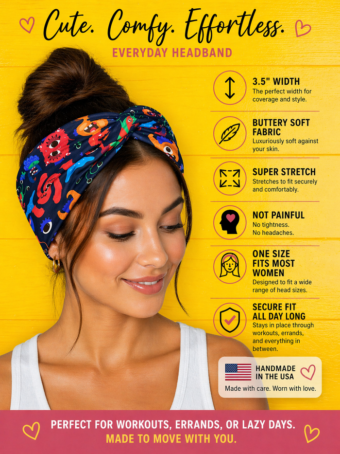 colorful monsters poly spandex knot headband feature graphic 3.5 inch wide buttery soft stretch