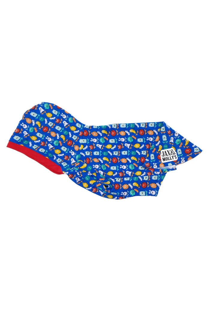 Colorful skateboarding monsters lightweight cotton-spandex dog hoodie, flat side view