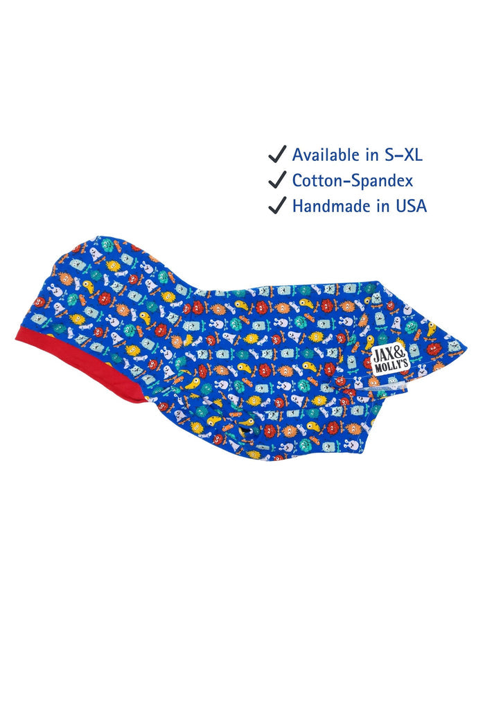 Colorful skateboarding monsters lightweight cotton-spandex dog hoodie, flat side view with sizing details
