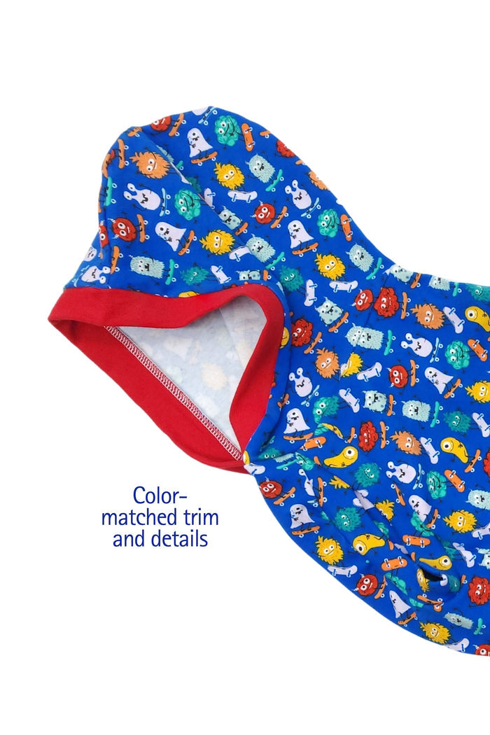 Colorful Skateboarding Monsters cotton spandex lightweight dog hoodie, close-up view of hood