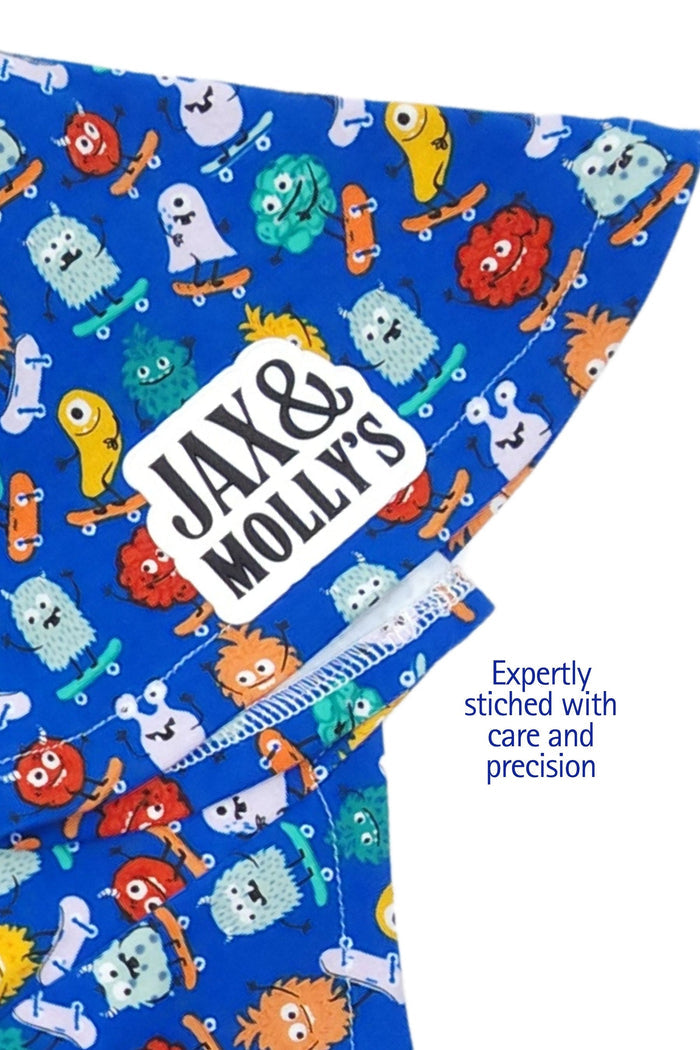 Skateboarding Monsters cotton spandex dog hoodie, close-up displaying brand logo