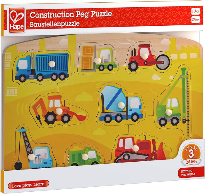 Construction Peg Puzzle packaging with colorful toy vehicles on a yellow background
