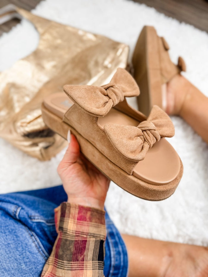 Corky's Camel Faux Suede Lil Bit Knotty Sandals - Macoma Boutique304 Sandals