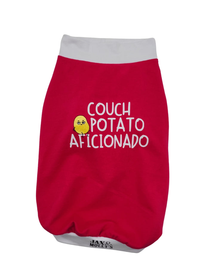 Couch Potato Aficionado cotton-spandex dog tank flat lay showing vinyl print