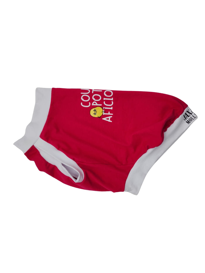 Couch Potato Aficionado cotton-spandex dog tank side view showing trim detail