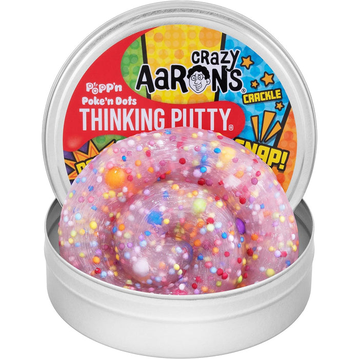 A can of Crazy Aaron's Thinking Putty with multicolored inclusions visible through the clear lid.