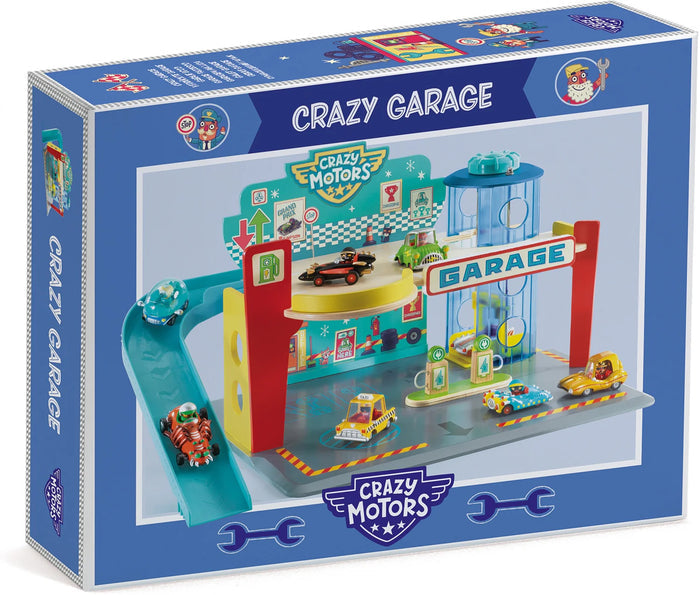 Box of 'Crazy Garage' toy set with colorful design and toy cars on a blue background.