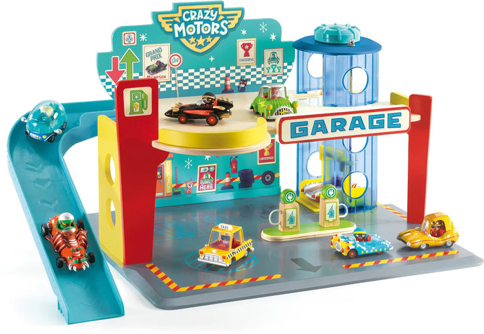 Fully assembled Crazy Motors Garage on a white background