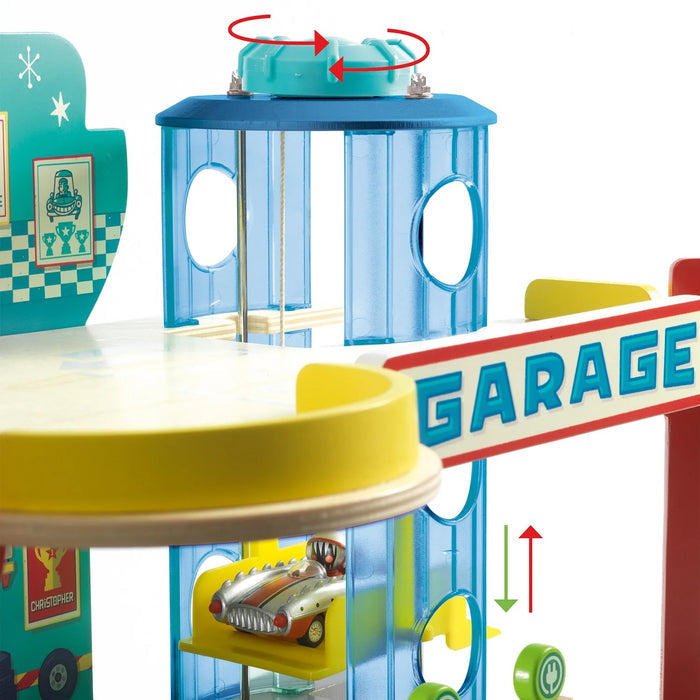Close up of Crazy Motors Garage elevator on a white background