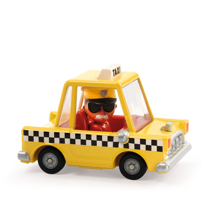 A miniature toy taxi car with yellow and black & white checkered body, and a rotating figure as the driver.