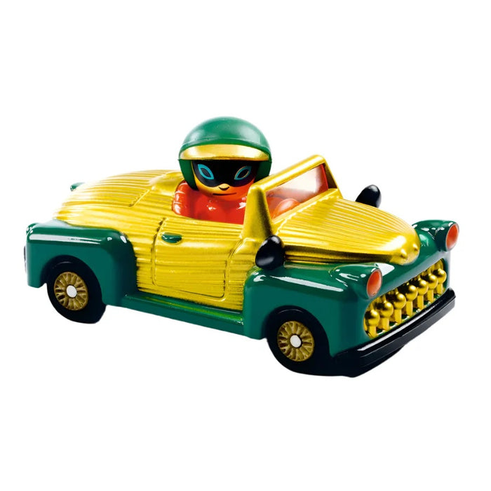 Toy car with a character inside on a white background