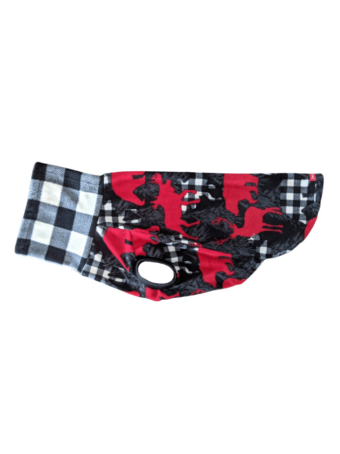 Crimson Lodge Bear plaid fleece dog sweater, flat side view