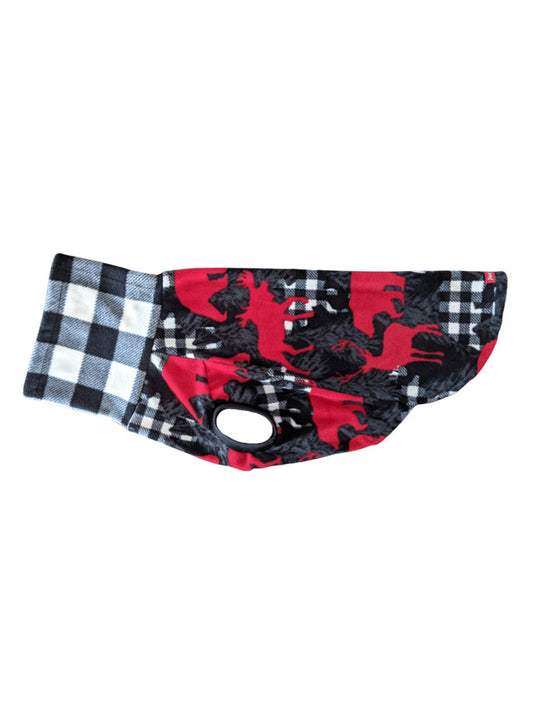 Crimson Lodge Bear plaid fleece dog sweater, flat side view