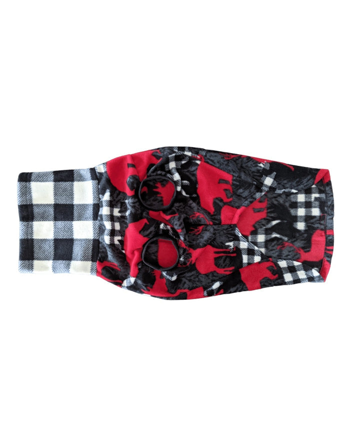 Crimson Lodge Bear plaid fleece dog sweater, flat underside view
