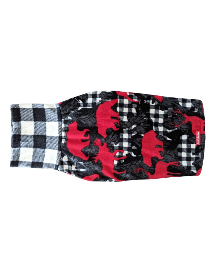 Crimson Lodge Bear plaid fleece dog sweater, flat backside view