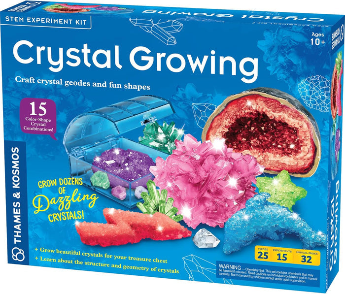 Box for a crystal growing STEM experiment kit with colorful crystals and a geode.