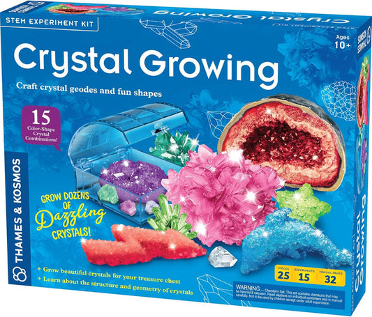 Box for a crystal growing STEM experiment kit with colorful crystals and a geode.