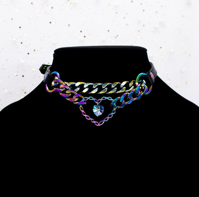 Crystal Heart Ring Black Vegan Leather Martingale Collar in Rainbow