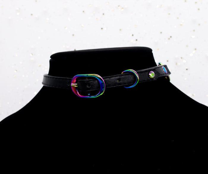 Crystal Heart Ring Black Vegan Leather Martingale Collar in Rainbow