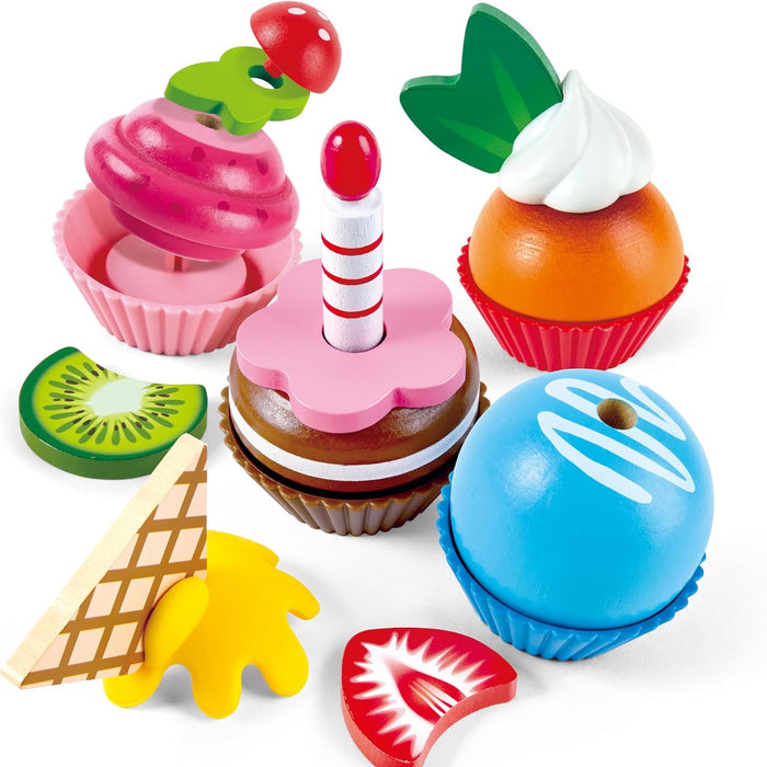 Colorful toy ice cream cones and cake set on a white background