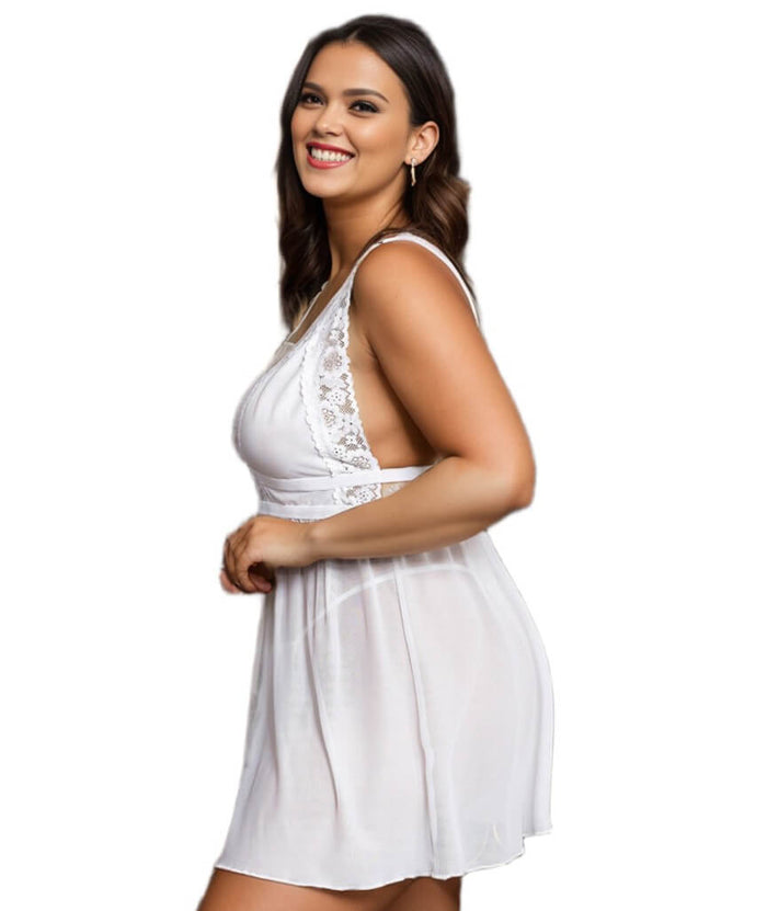 Curvy Deep V-neck Mesh Babydoll - White