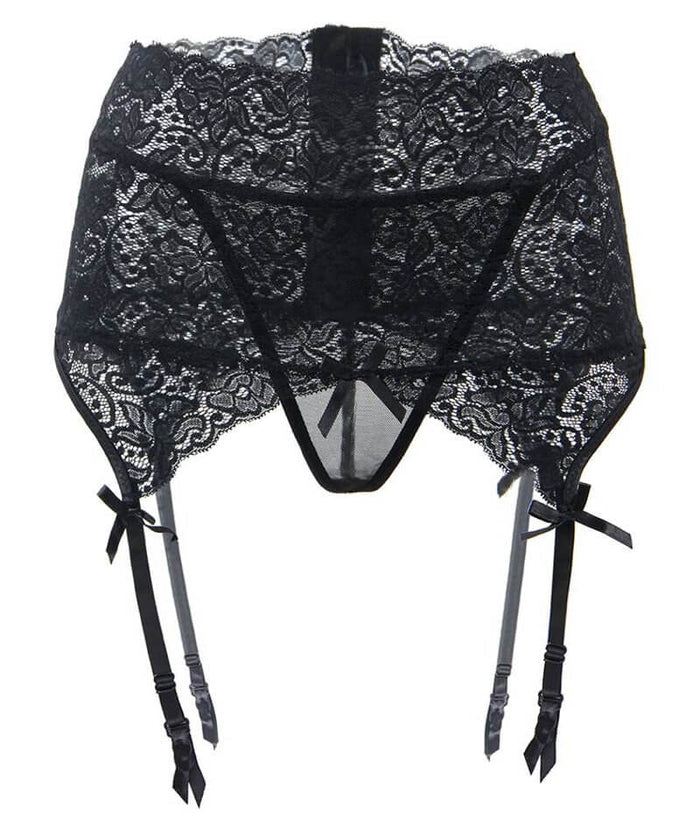 Curvy Wide Lace Garter with G-String - Black Babydoll / Chemise