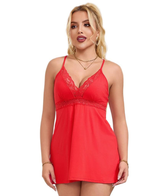 Curvy Modal Lace Deep V-Neck Suspender Nightdress - Red