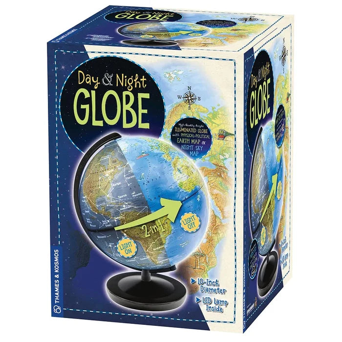 Day & Night Globe packaging with Earth illustration and text on a white background