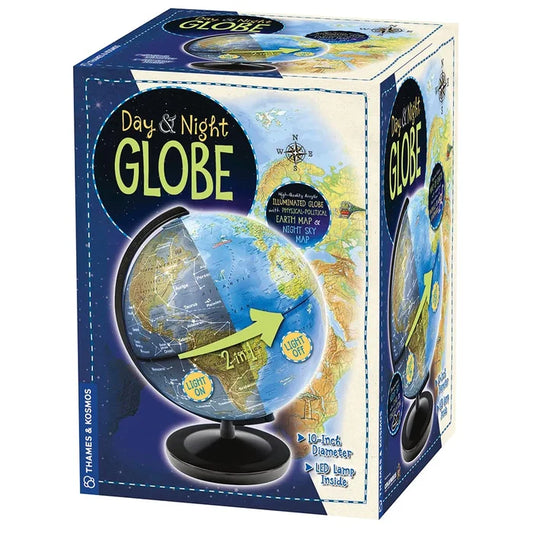 Day & Night Globe packaging with Earth illustration and text on a white background