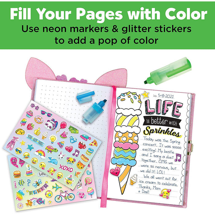 Pages of Deer Diary featuring a colorful ice cream cone drawing, neon markers  and shiny stickers