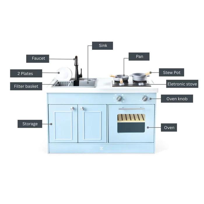 A light blue children's play kitchen set on a white background, with black label lines pointing to labeled parts including sink, faucet, storage cabinet, stovetop, pans, and oven.