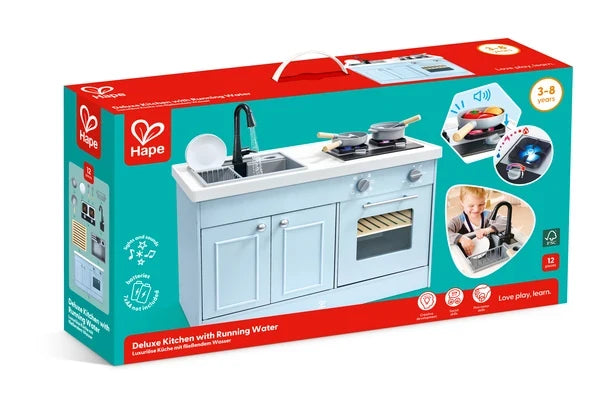 Hape toy kitchen set packaging with images of the playset and features on a white background