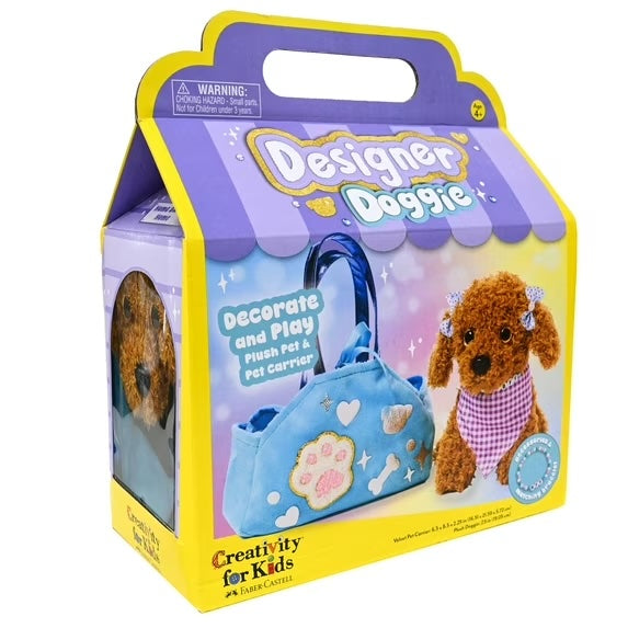 Designer Doggie toy set packaging with a plush dog and pet carrier on a white background