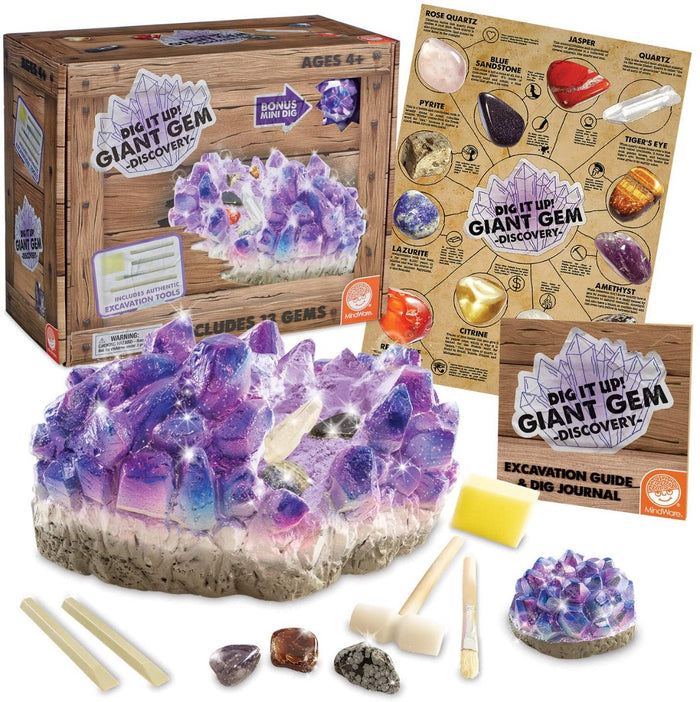 Giant gem discovery kit with excavation tools and guide on a white background