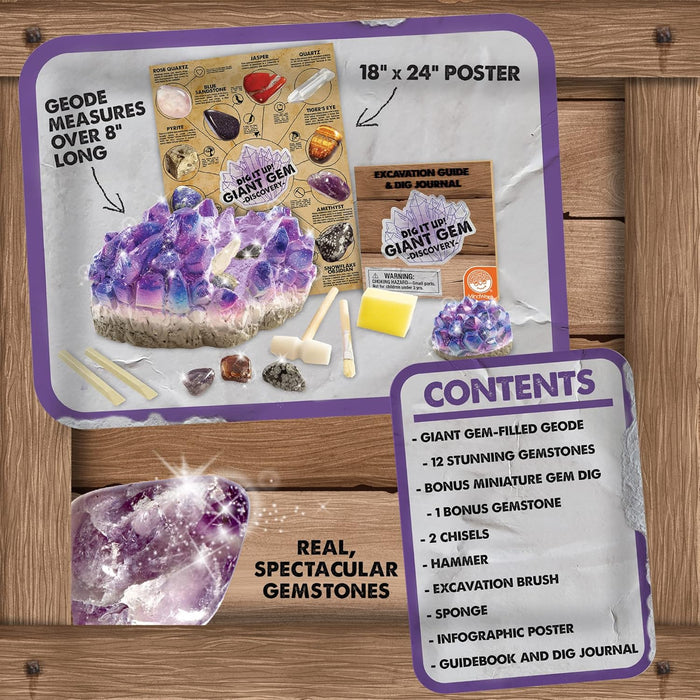 Geode kit with excavation guide, poster, and gemstones on a wooden surface