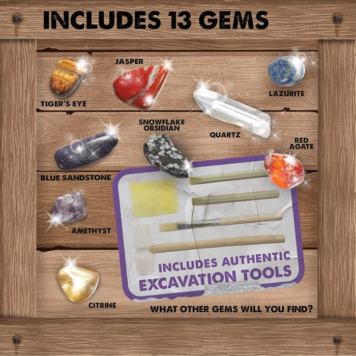 Promotional image of gemstones and excavation tools on a wooden background with text indicating included items.