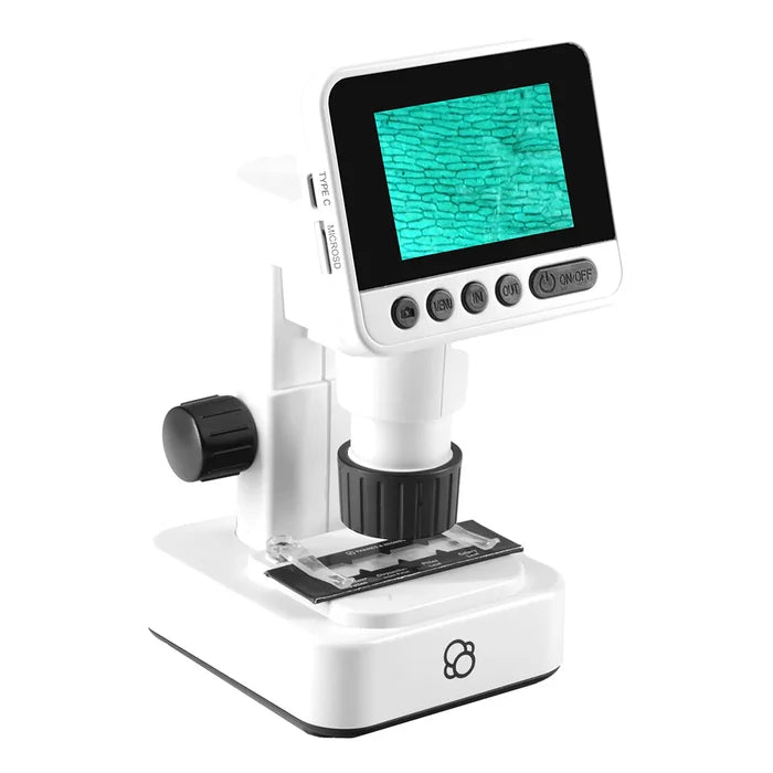 Digital microscope with a screen displaying an image on a white background