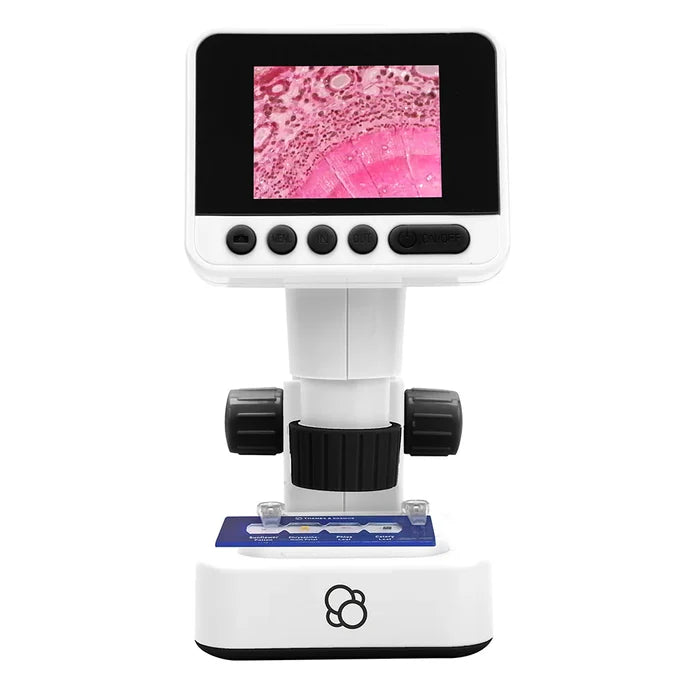 Digital microscope with screen displaying magnified image on a white background