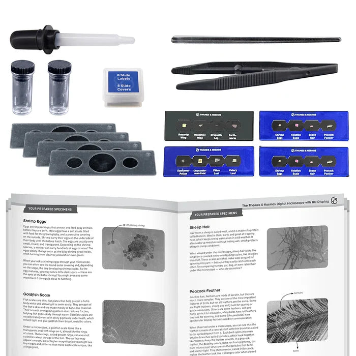 Microscopy kit with slides, coverslips, tweezers, and a manual on a white background