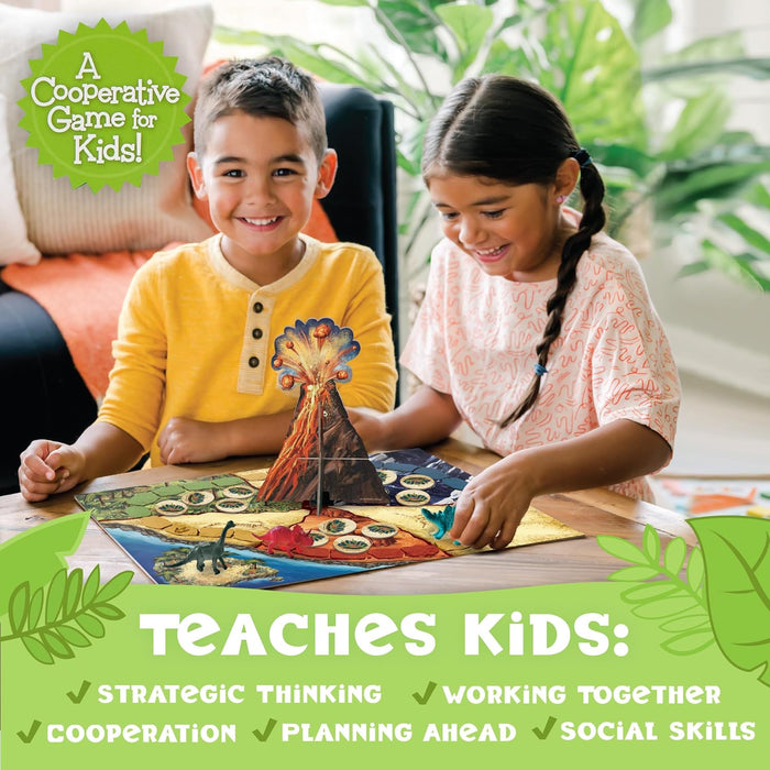 Two children playing a cooperative game with text highlighting skills taught.